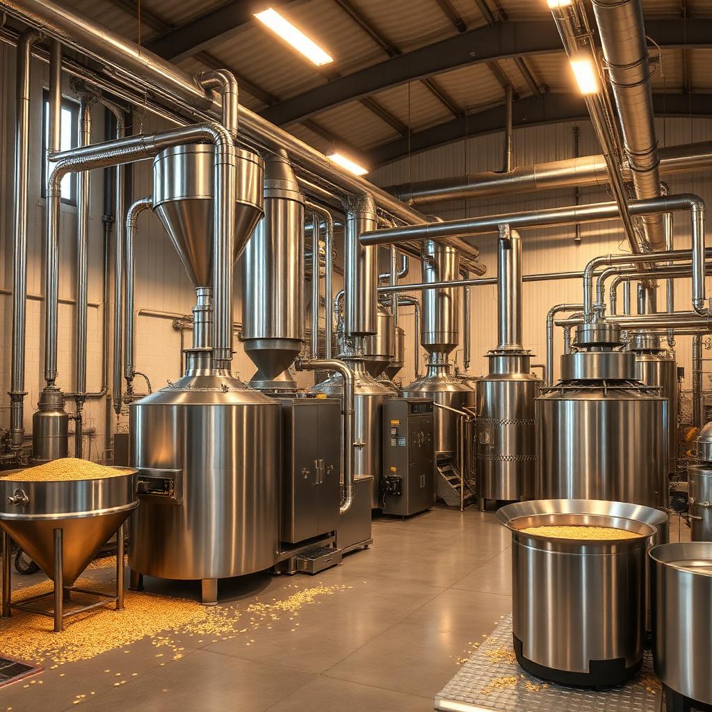 Modern grain milling facility interior with stainless steel processing equipment