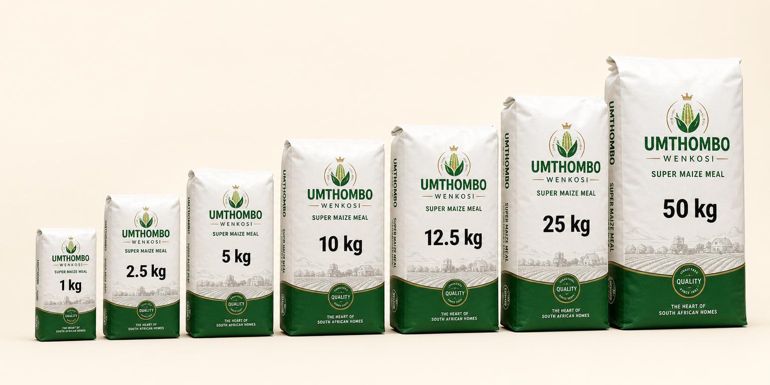 Maize meal pack size range: 1 kg, 2.5 kg, 5 kg, 10 kg, 12.5 kg, 25 kg and 50 kg bags
